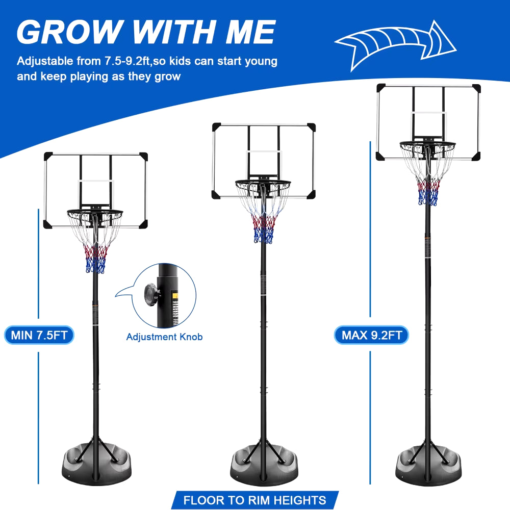 Portable Basketball Hoop System Stand Height Adjustable 7.5Ft - 9.2Ft 32 Inch Backboard Wheels for Youth Adults Indoor Outdoor